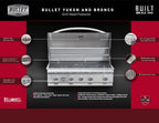 Bullet by Bull Yukon 5 Burner Outdoor Kitchen Grill, Built-In Gas Grill with 75,000 Btus of Heat, 304 Stainless Steel, Cast Iron Heat Treated Reliabull Bar Burners and Piezo Igniters