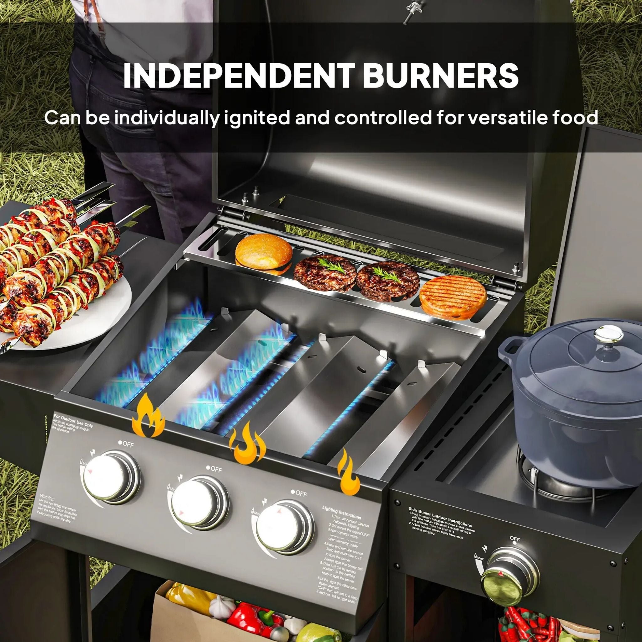 Castelle Flame 15K BTU Barbecue Propane Liquid Propane Grill with Side Burner