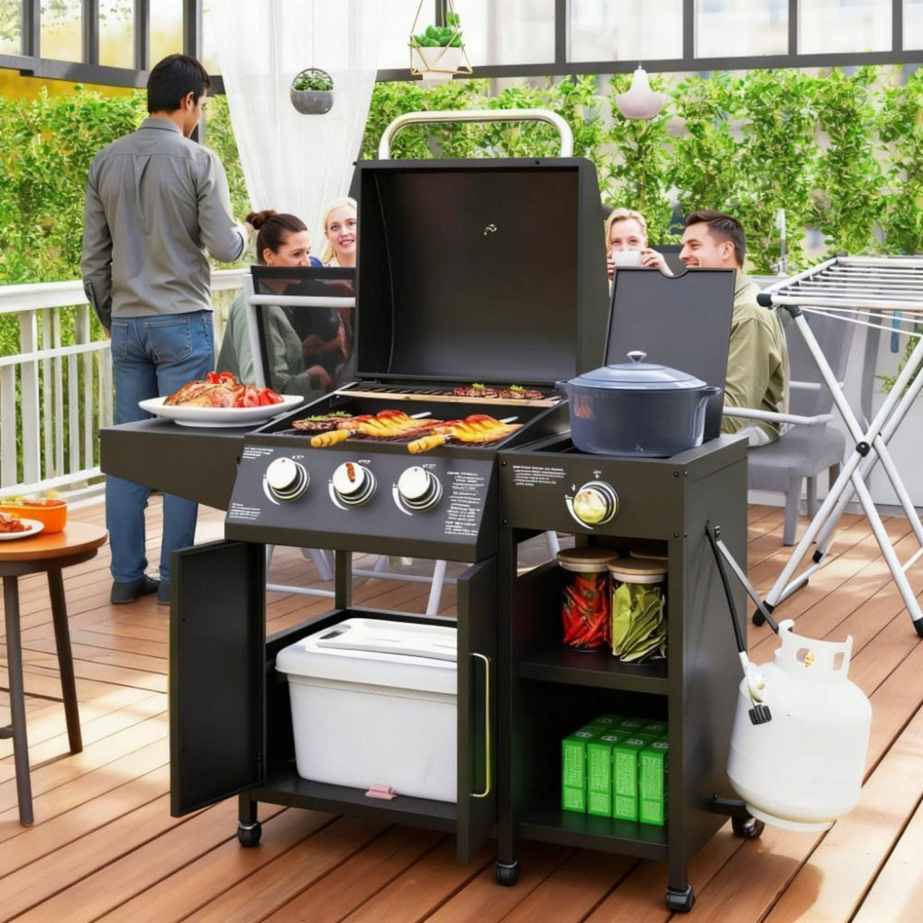 Castelle Flame 15K BTU Barbecue Propane Liquid Propane Grill with Side Burner
