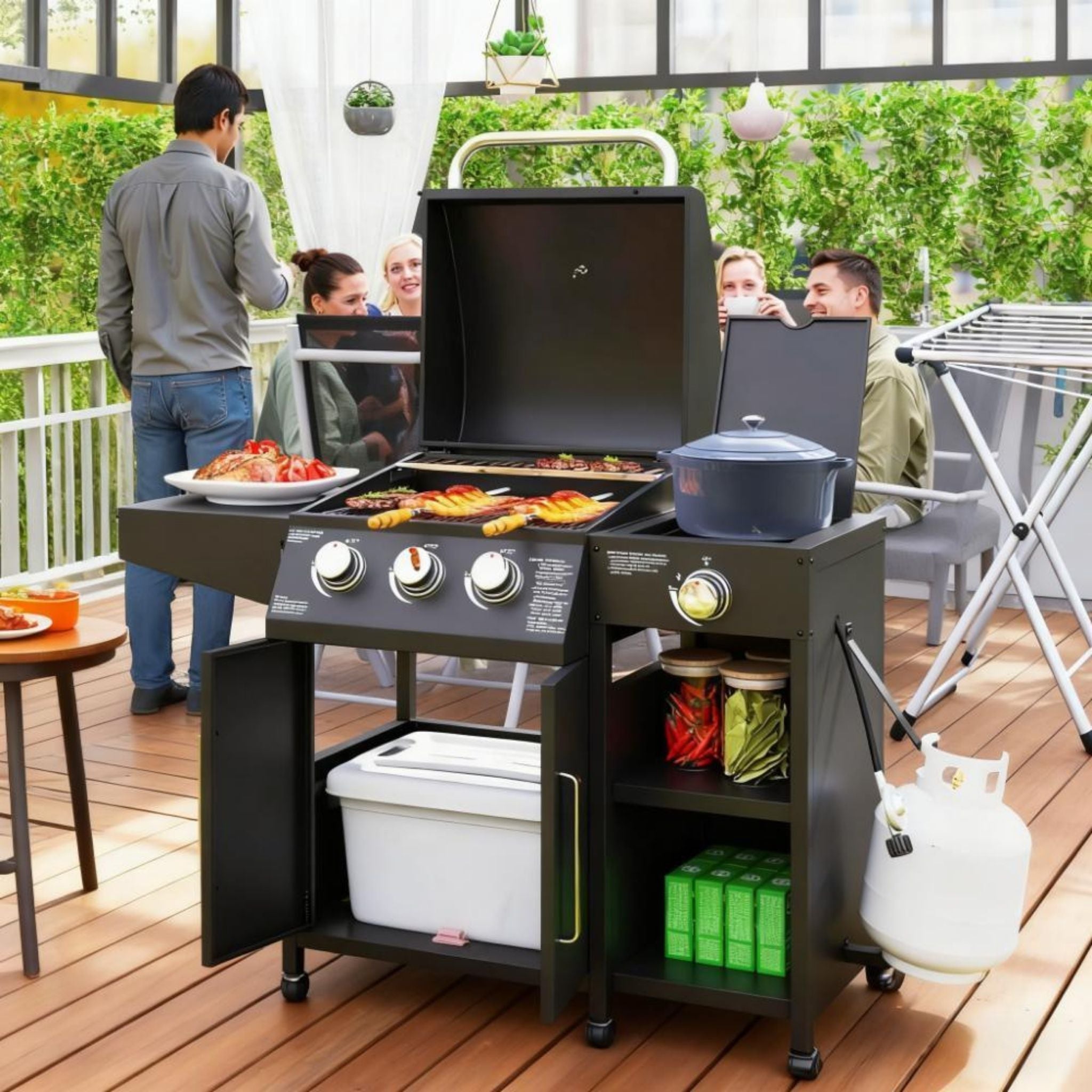 Castelle Flame 15K BTU Barbecue Propane Liquid Propane Grill with Side Burner