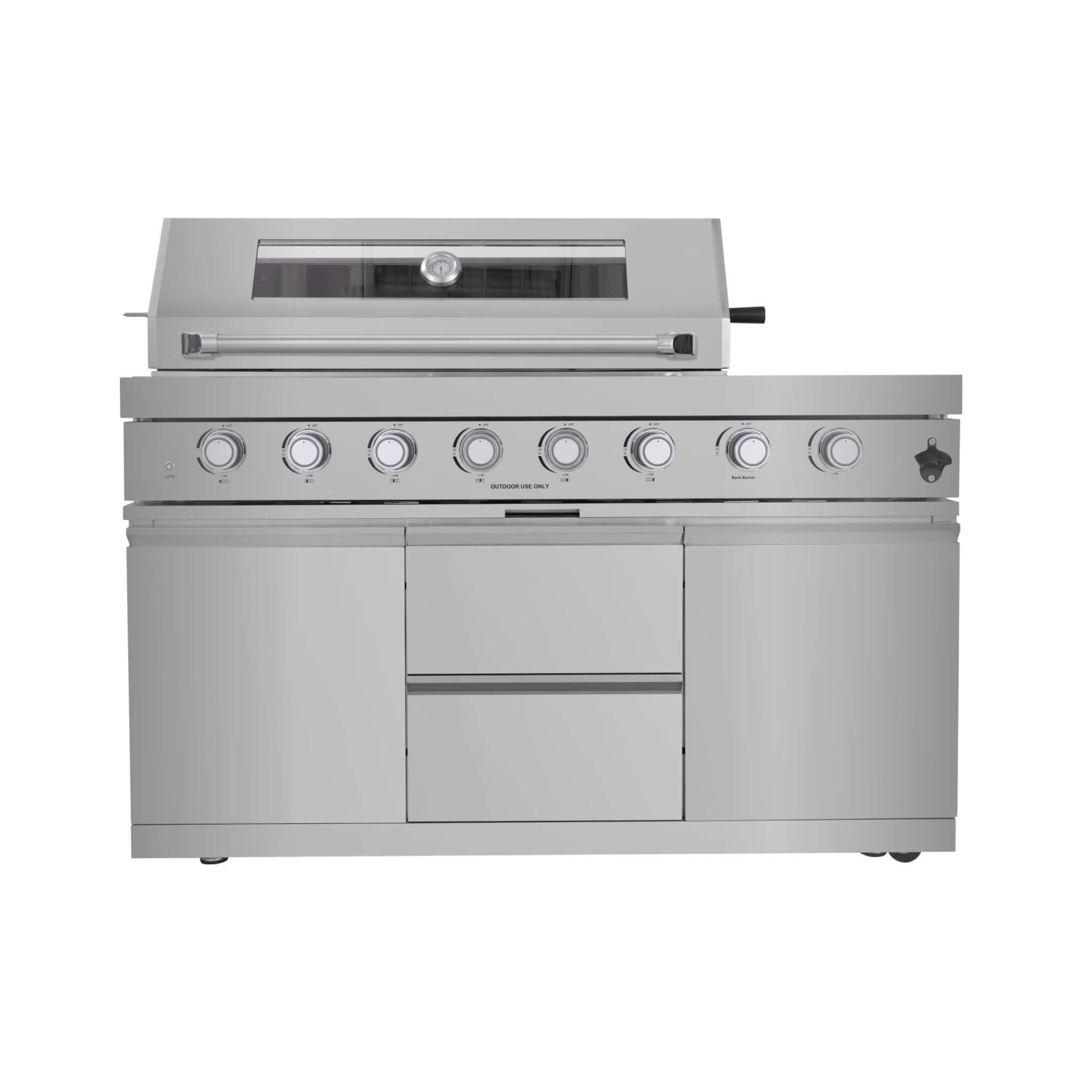 Castelle Flame Capri 96-Inch 6-Burner 85000 BTU Outdoor Kitchen Liquid Propane Grill Island with Fridge