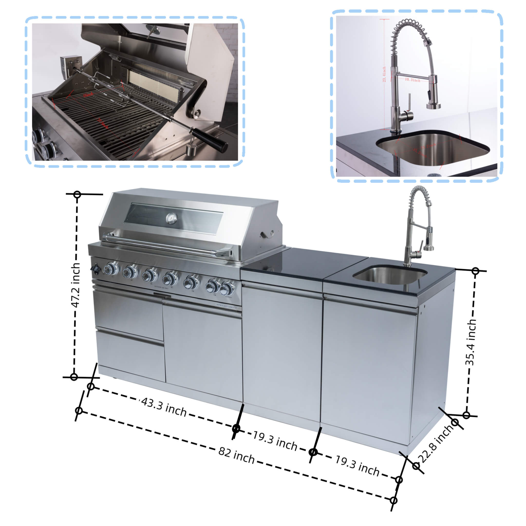 Castelle Flame Valmont 43-Inch 6-Burner 85K BTU Outdoor BBQ Kitchen Grill Island with Granite Countertops, Rotisserie Kit, Cabinets, And Sink