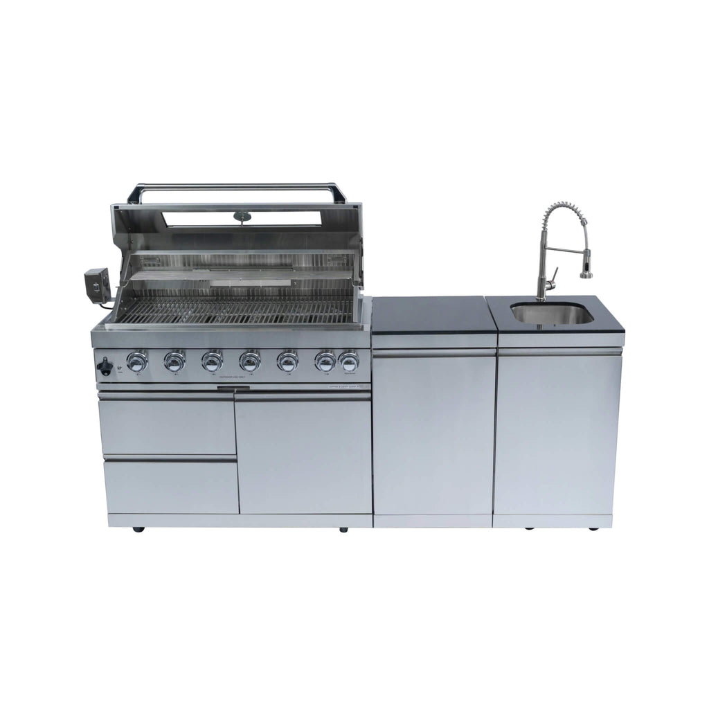 Castelle Flame Valmont 43-Inch 6-Burner 85K BTU Outdoor BBQ Kitchen Grill Island with Granite Countertops, Rotisserie Kit, Cabinets, And Sink