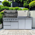 Castelle Flame Valmont 43-Inch 6-Burner 85K BTU Outdoor BBQ Kitchen Grill Island with Granite Countertops, Rotisserie Kit, Cabinets, And Sink