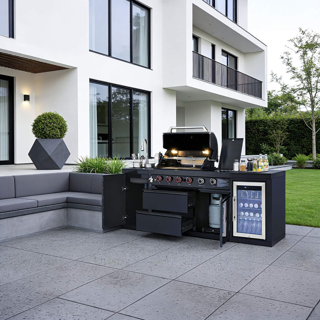 Castelle Flame Monarch 4-Burner 72000 BTU Liquid Propane Grill Island with Fridge and Sink