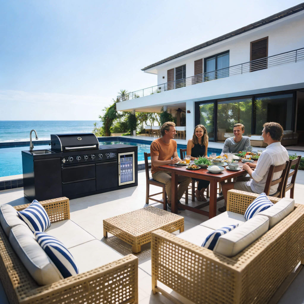 Castelle Flame Monarch 4-Burner 72000 BTU Liquid Propane Grill Island with Fridge and Sink