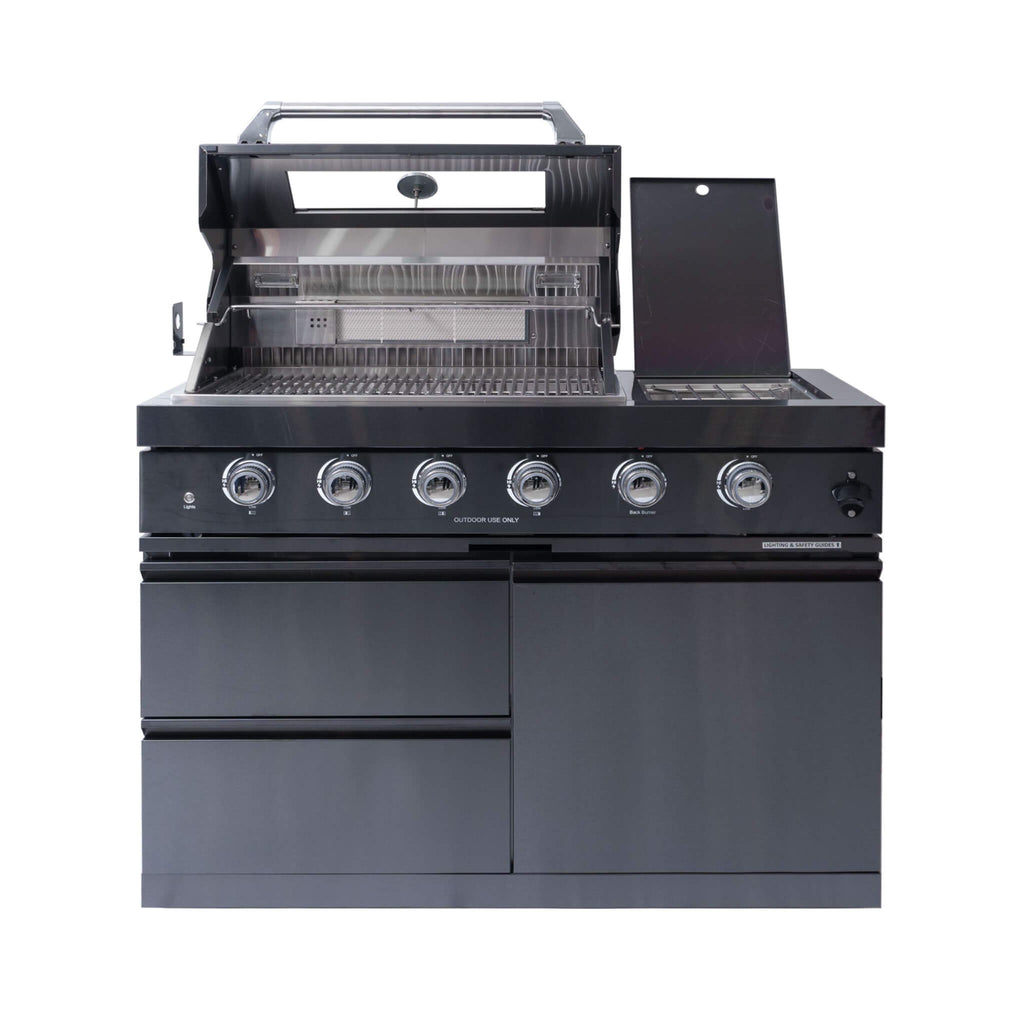 Castelle Flame Ember Premium Black Stainless Steel 4-Burner Liquid Propane Kitchen Grill Island with Rotisserie Kit
