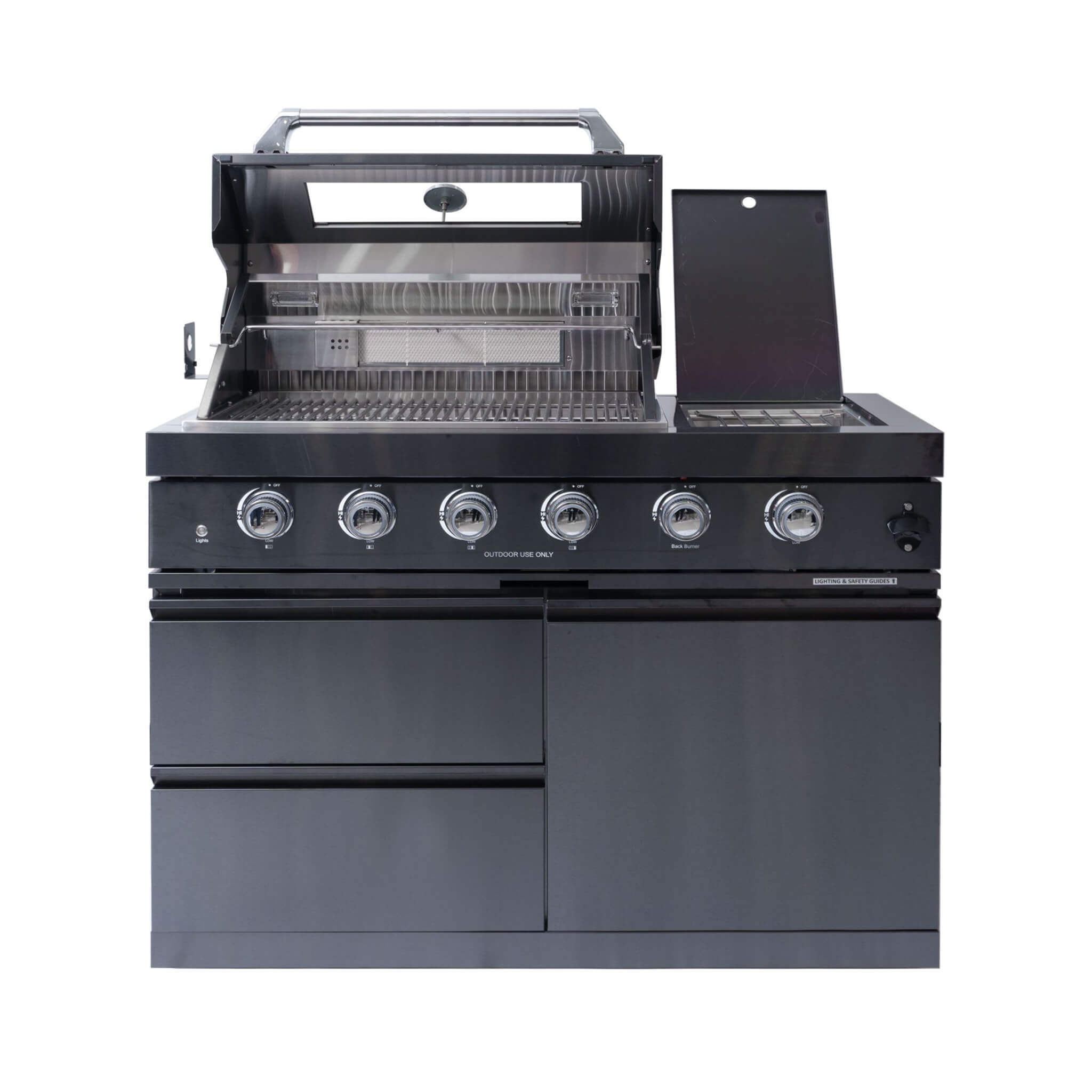 Castelle Flame Ember Premium Black Stainless Steel 4-Burner Liquid Propane Kitchen Grill Island with Rotisserie Kit