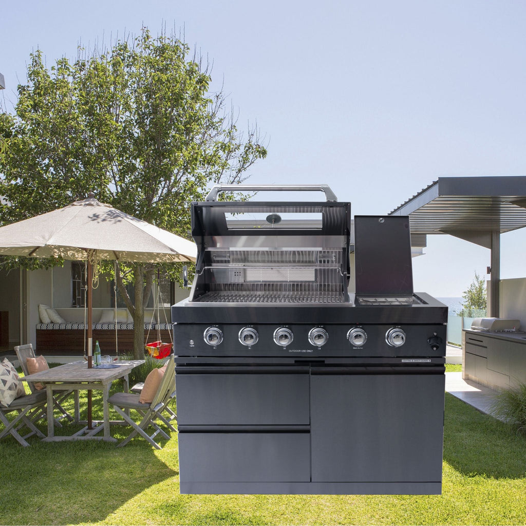 Castelle Flame Ember Premium Black Stainless Steel 4-Burner Liquid Propane Kitchen Grill Island with Rotisserie Kit