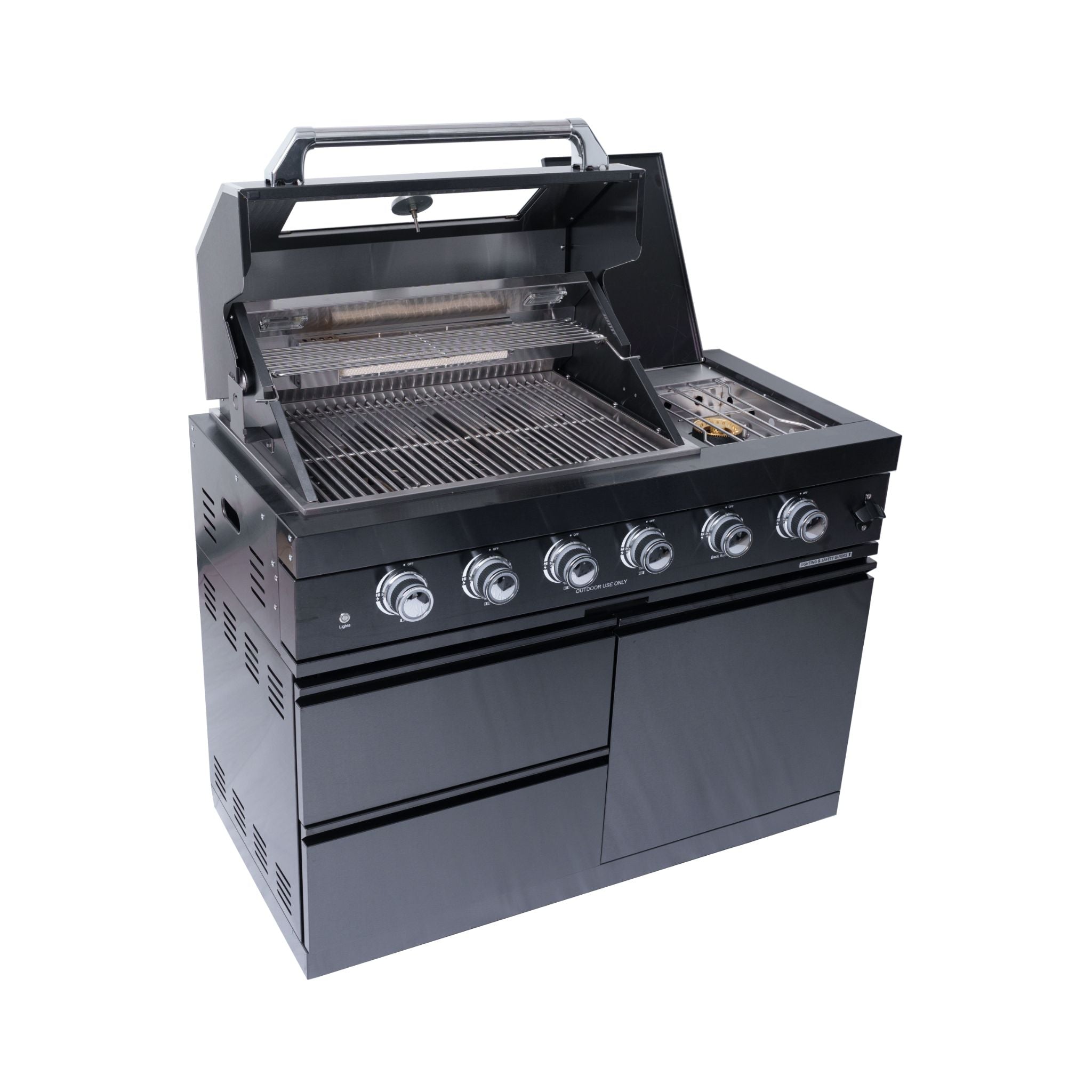 Castelle Flame Ember Premium Black Stainless Steel 4-Burner Liquid Propane Kitchen Grill Island with Rotisserie Kit