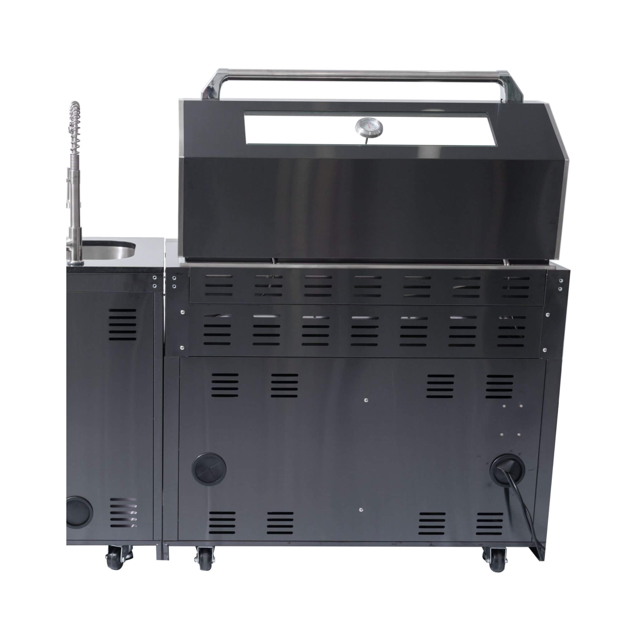 Castelle Flame Inferno Premium Black Stainless Steel 6-Burner Liquid Propane Kitchen Grill Island with Rotisserie Kit