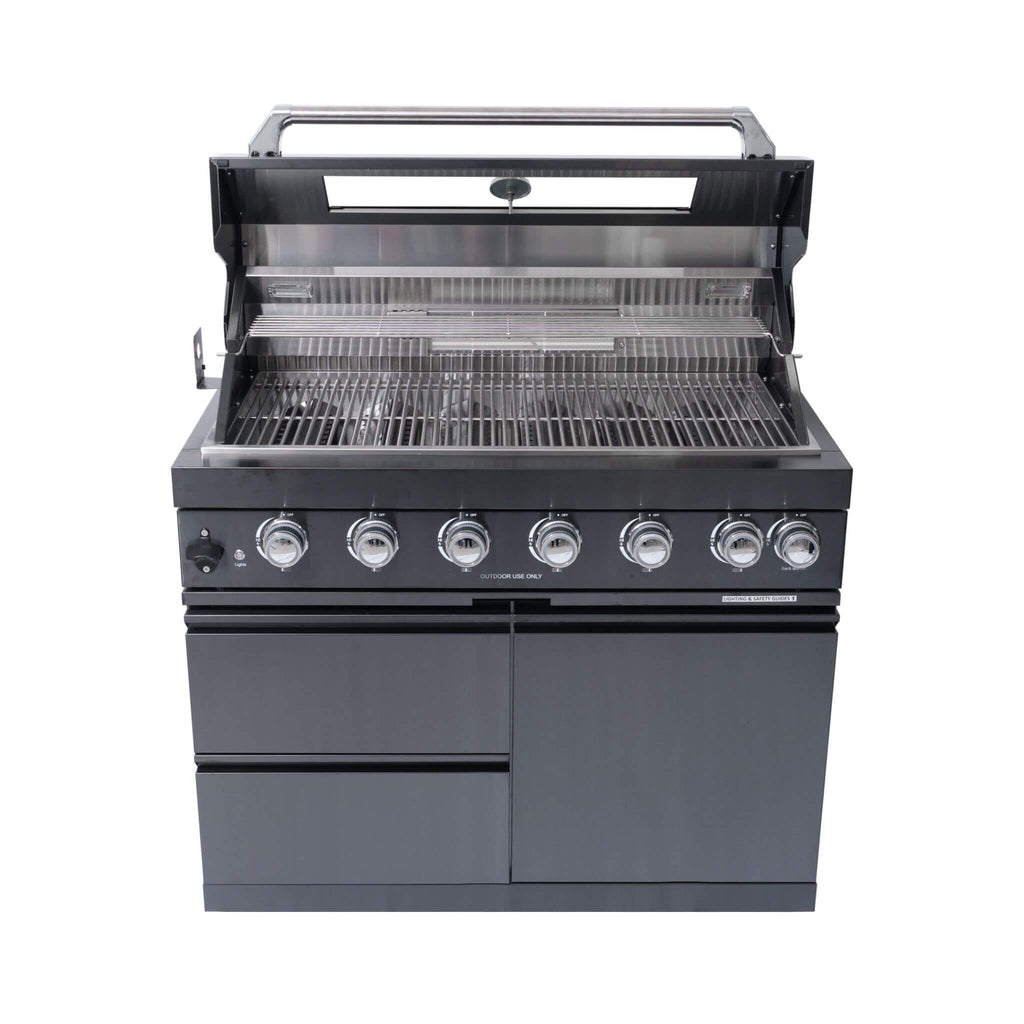 Castelle Flame Inferno Premium Black Stainless Steel 6-Burner Liquid Propane Kitchen Grill Island with Rotisserie Kit