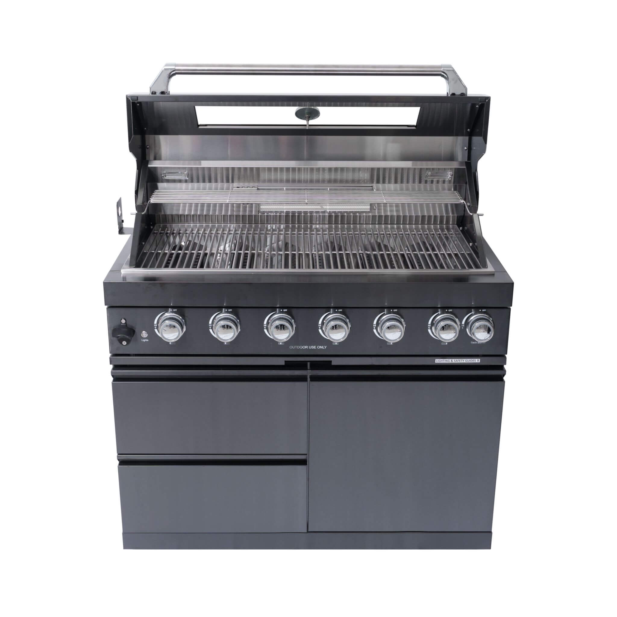 Castelle Flame Inferno Premium Black Stainless Steel 6-Burner Liquid Propane Kitchen Grill Island with Rotisserie Kit