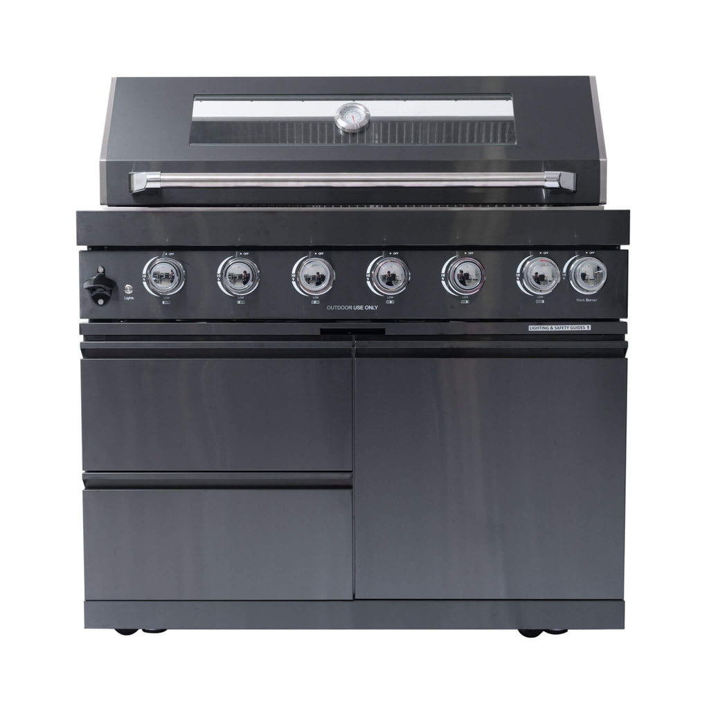 Castelle Flame Inferno Premium Black Stainless Steel 6-Burner Liquid Propane Kitchen Grill Island with Rotisserie Kit