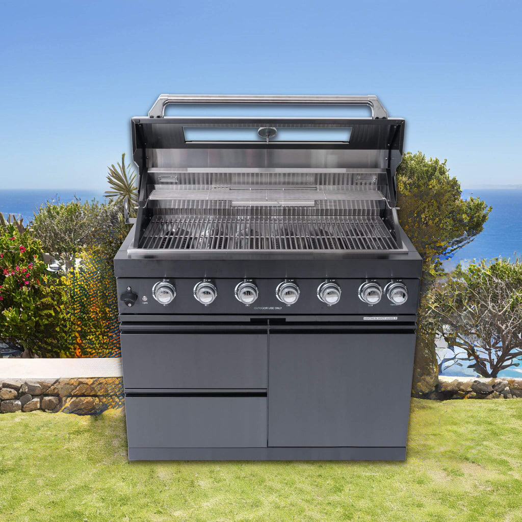 Castelle Flame Inferno Premium Black Stainless Steel 6-Burner Liquid Propane Kitchen Grill Island with Rotisserie Kit