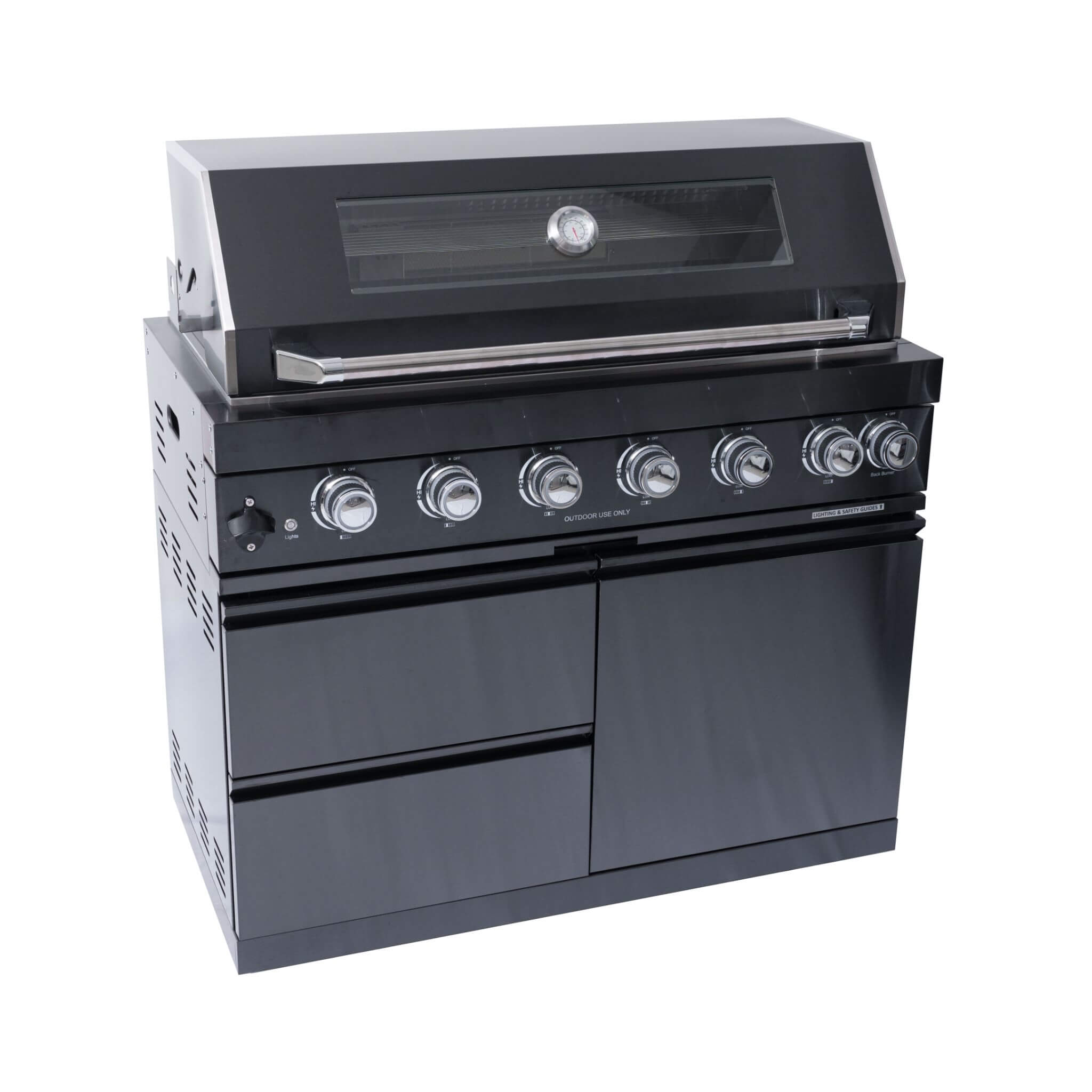 Castelle Flame Inferno Premium Black Stainless Steel 6-Burner Liquid Propane Kitchen Grill Island with Rotisserie Kit