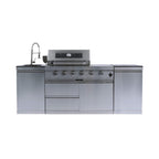 Castelle Flame Aurelia 46-Inch 4-Burner 72K BTU Stainless Steel Outdoor BBQ Kitchen Grill Island With 46-Inch 4-Burner 85K BTU Grill, Rotisserie Kit, And Cabinets