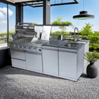 Castelle Flame Aurelia 46-Inch 4-Burner 72K BTU Stainless Steel Outdoor BBQ Kitchen Grill Island With 46-Inch 4-Burner 85K BTU Grill, Rotisserie Kit, And Cabinets
