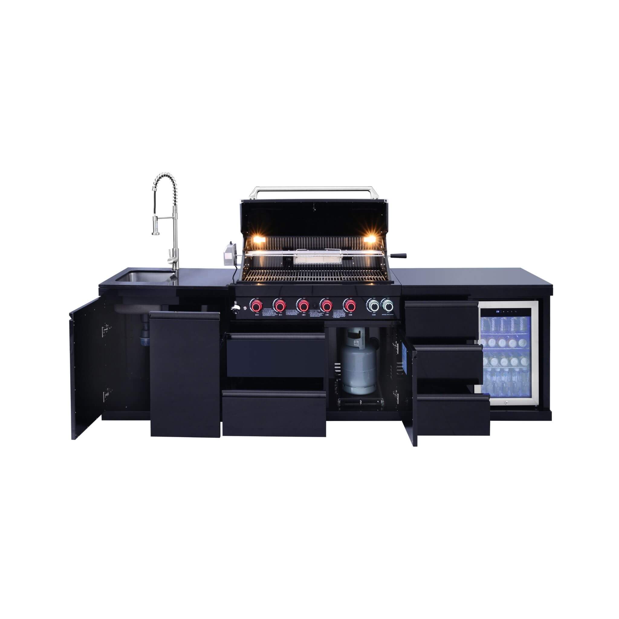 Castelle Flame Summit 6-Burner 85000 BTU Liquid Propane Grill Island with Sink and Fridge