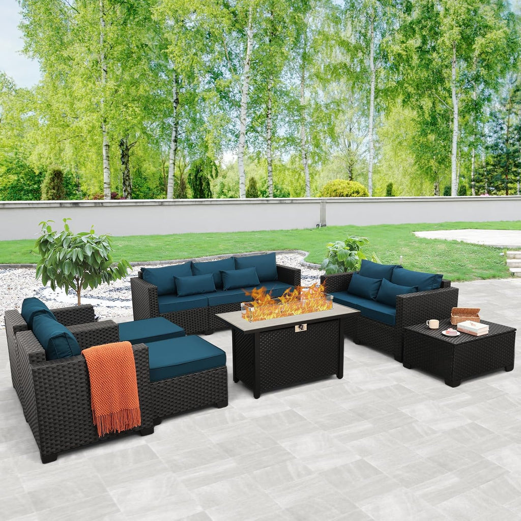 Patio Furniture Set 45-Inch Outdoor Fire Pits 8 PCS Outdoor Furniture Sets Patio Couch Outdoor Chairs 60000BTU Outdoor Propane Fire Pit Table No-Slip Cushions and Waterproof Covers, Peacock Blue