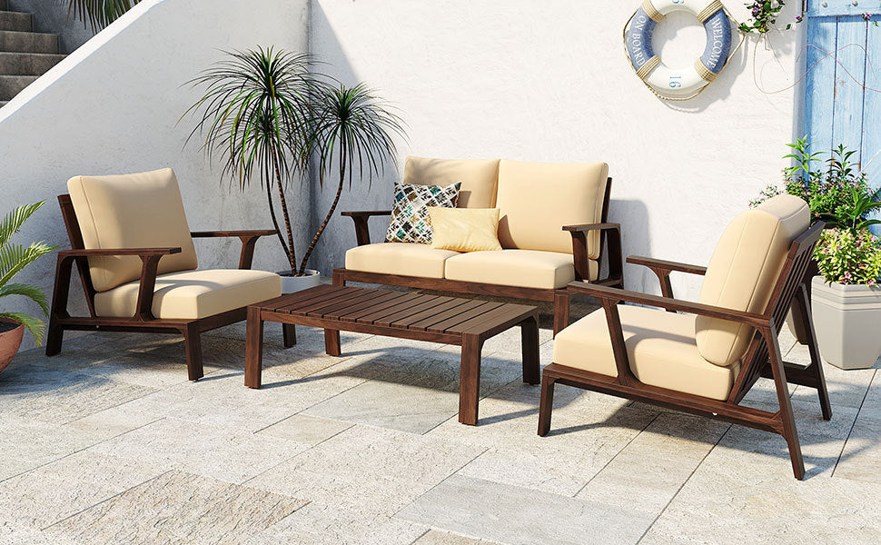 4- Piece Outdoor Sofa Set with Cushions and Coffee Table