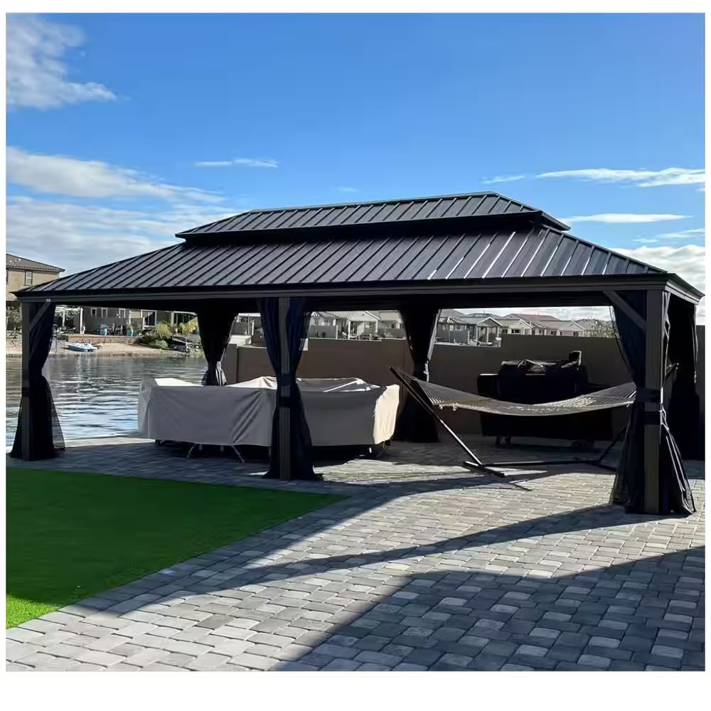 14 Ft.X 24 Ft.Bronze Aluminum Power-Coated Frame Galvanized Steel Double Roof Hardtop Gazebo,Hooks, Netting,Blue Curtain