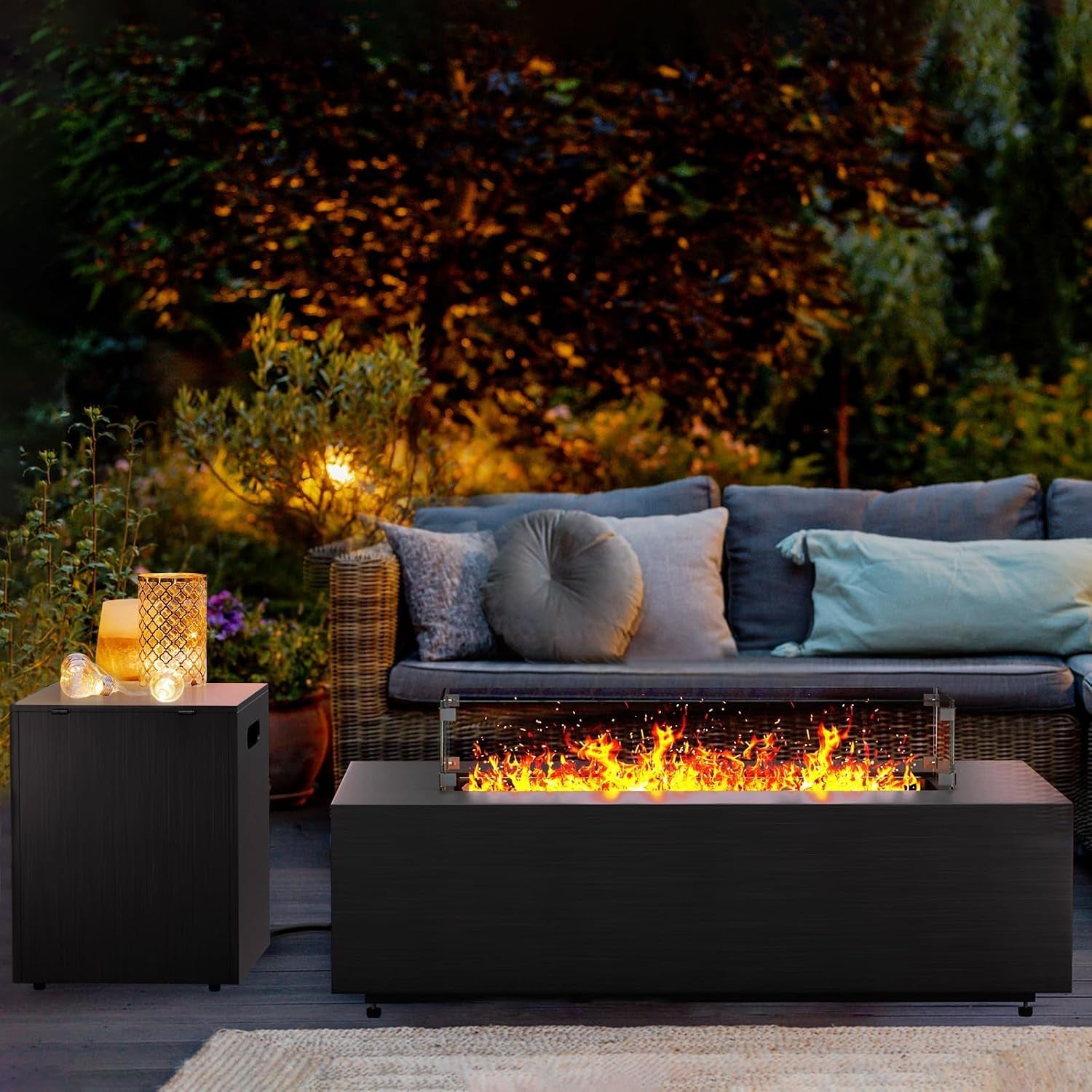 Fire Pit Table 42In Propane Fire Pit 50,000 BTU Rectangular Gas Fire Pits with Wind Guard Propane Tank Cover Table Lava Rocks for Outdoor outside Patio