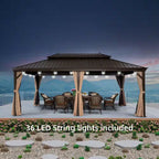 12 Ft.X 20 Ft.Bronze Patio Outdoor Gazebo for Backyard Hardtop Aluminum Frame with Hooks,Netting,Khaki Curtain,36-Lights