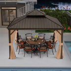 13 Ft. X 13Ft.Bronze Aluminum Power-Coated Frame Galvanized Steel Double Roof Hardtop Gazebo Hooks Netting Khaki Curtain