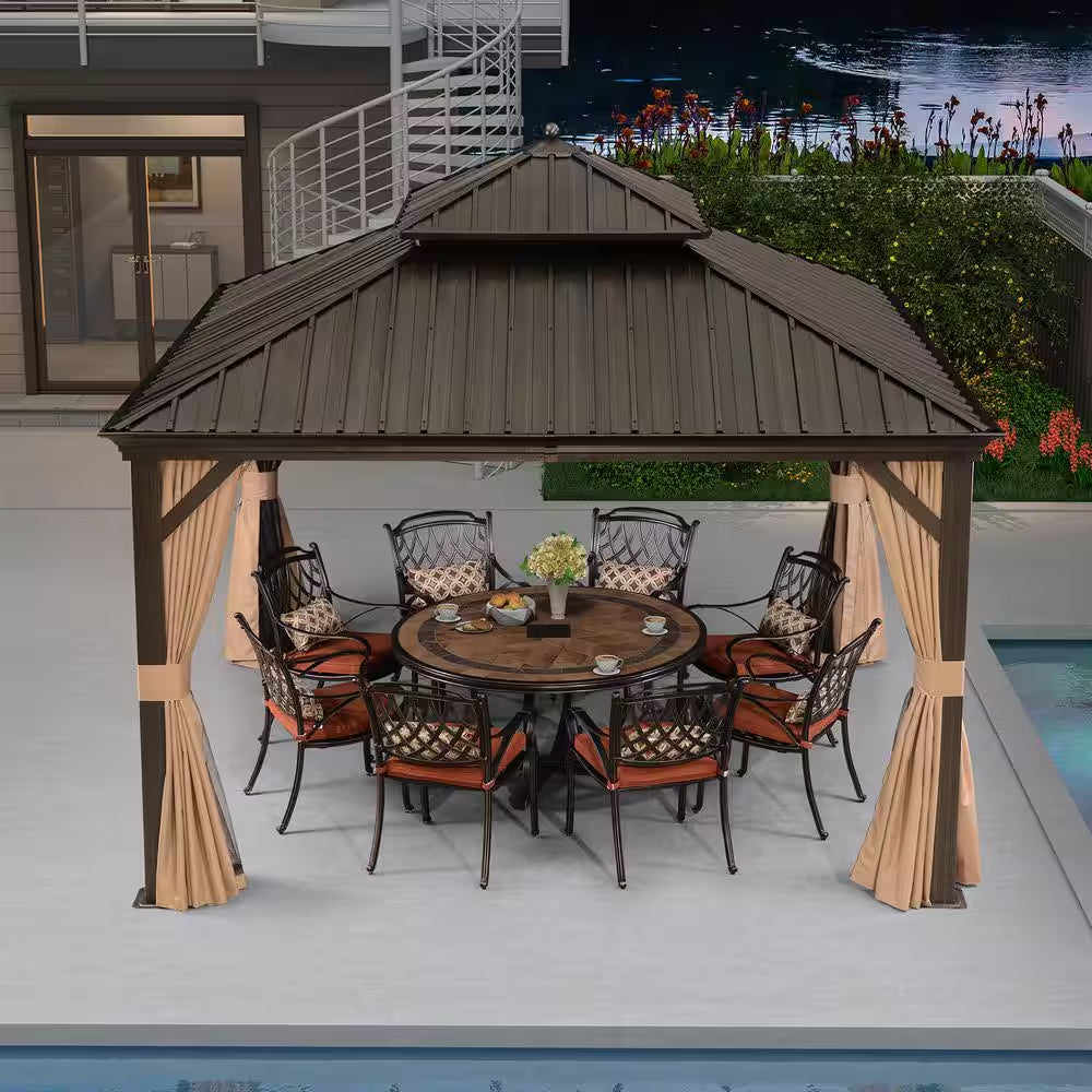 13 Ft. X 13Ft.Bronze Aluminum Power-Coated Frame Galvanized Steel Double Roof Hardtop Gazebo Hooks Netting Khaki Curtain