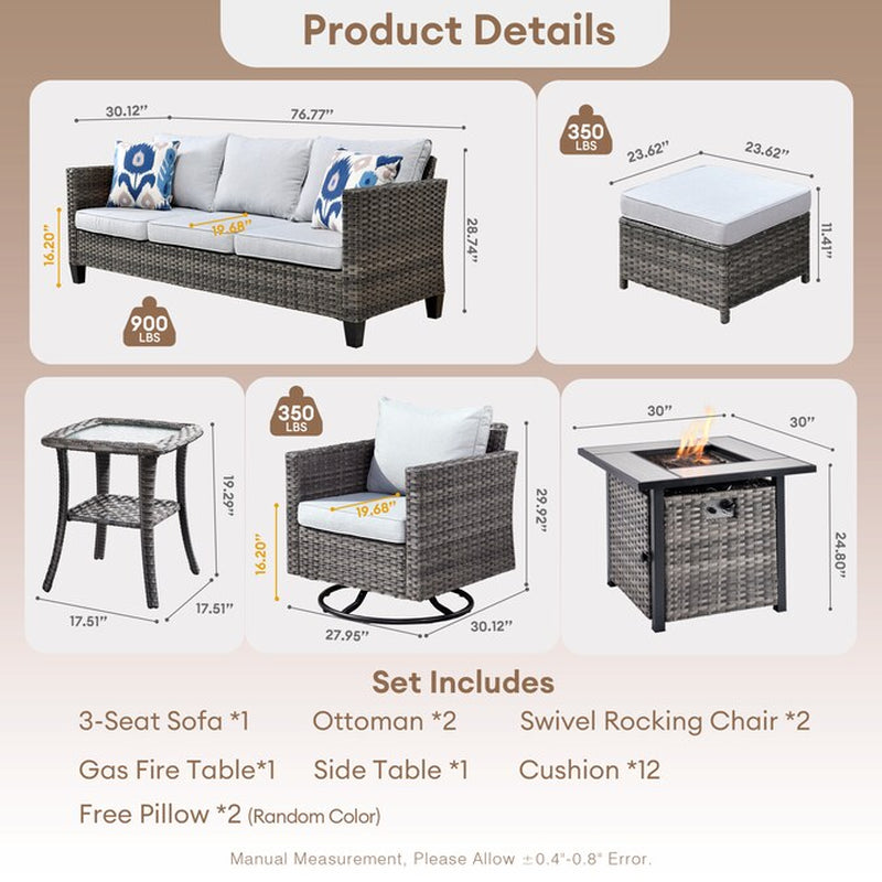 Lullaby 7 -Piece Rattan Patio Sofa Conversation Set with Gray Cushions