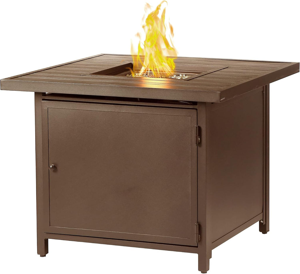 Square 32 In. X 32 In. Aluminum Propane Fire Pit Table with Glass Beads, Two Covers, Lid, 37,000 Btus in Brown Finish