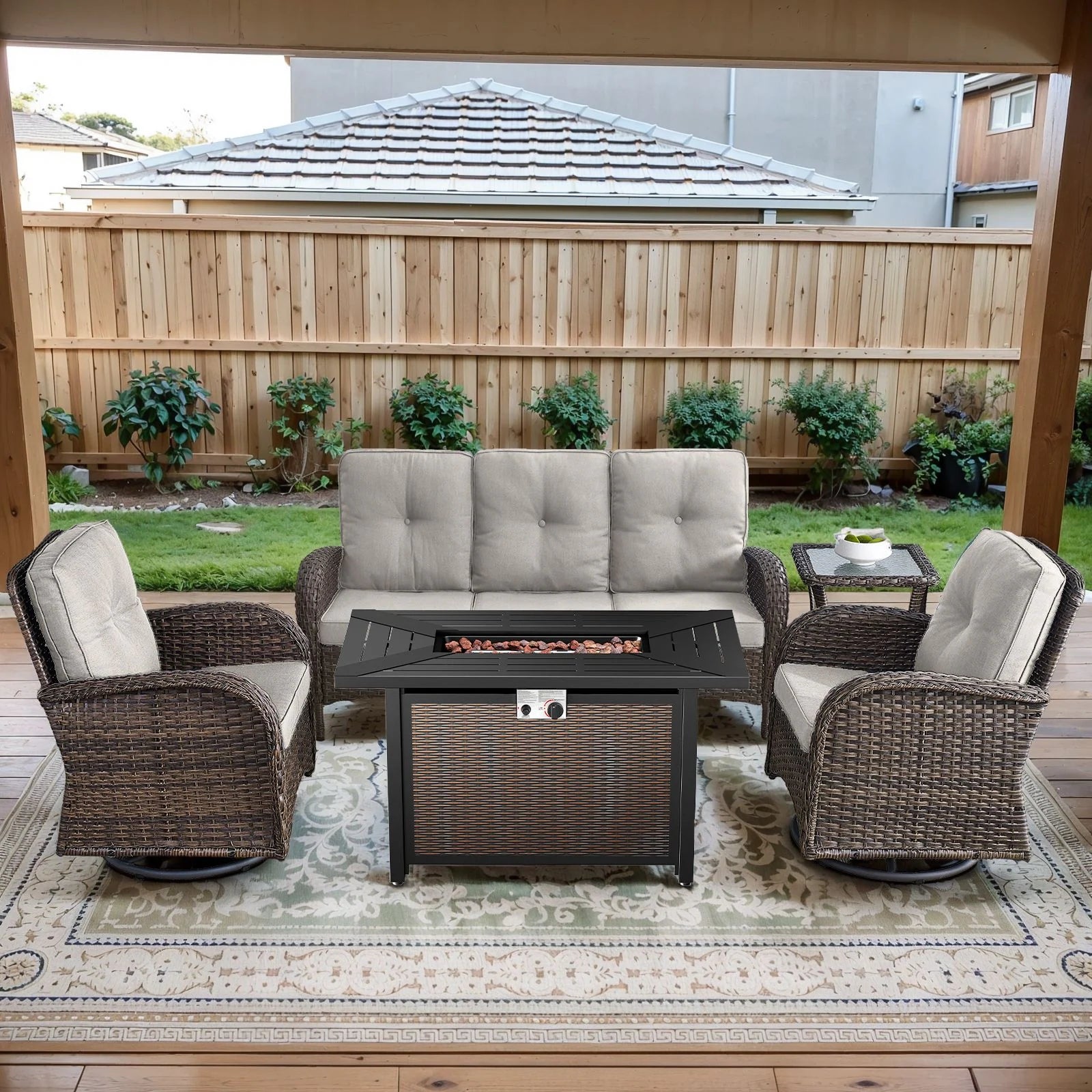 Outdoor Fire Pit Conversation Set, 3-Seat Sofa & Chairs Patio Furniture Set