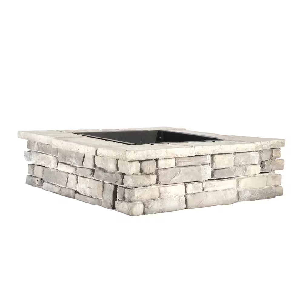 28 In. X 14 In. Steel Wood Random Stone Gray Square Fire Pit