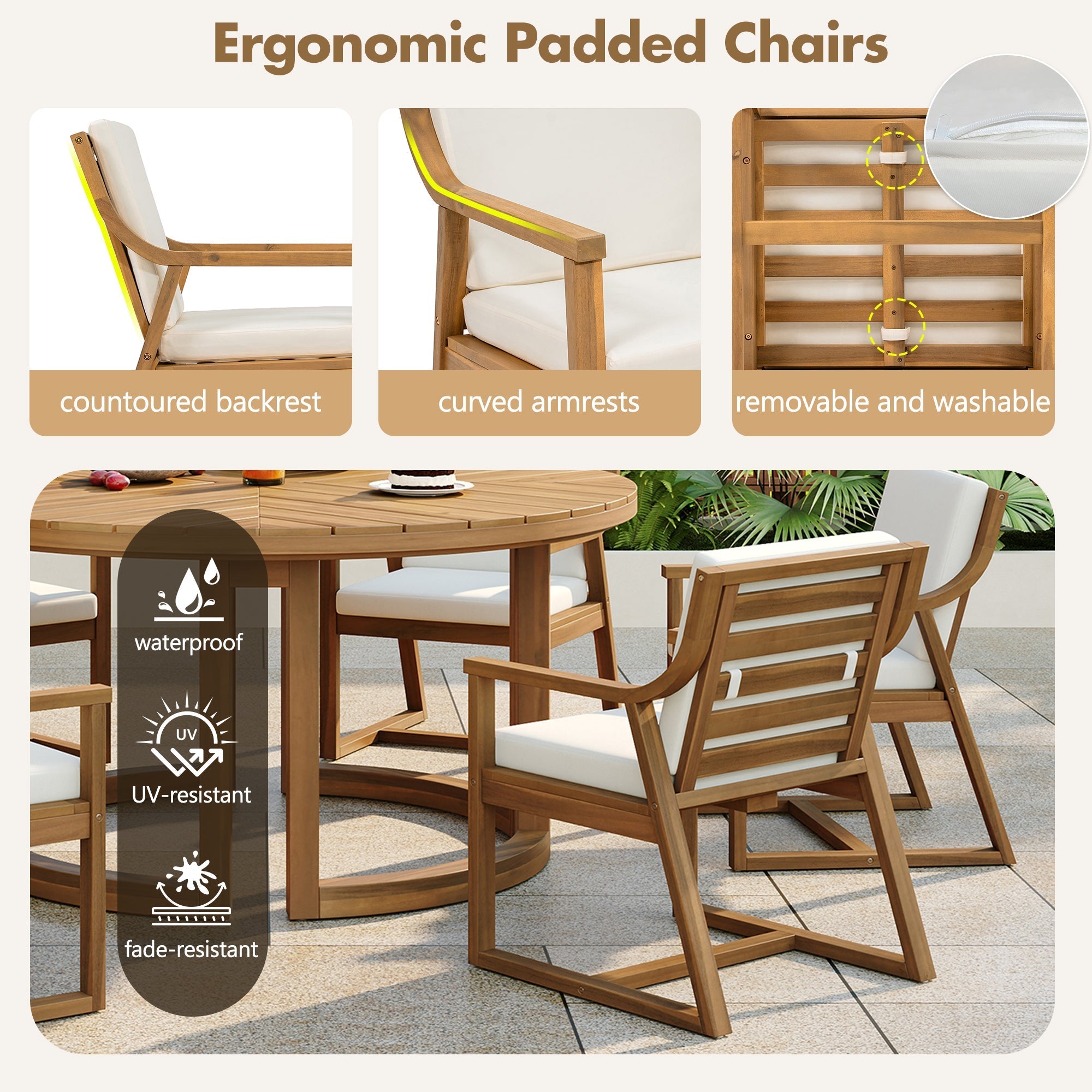 Patio Dining Chair Set of 2, Wood Outdoor Armchairs with Removable Cushions