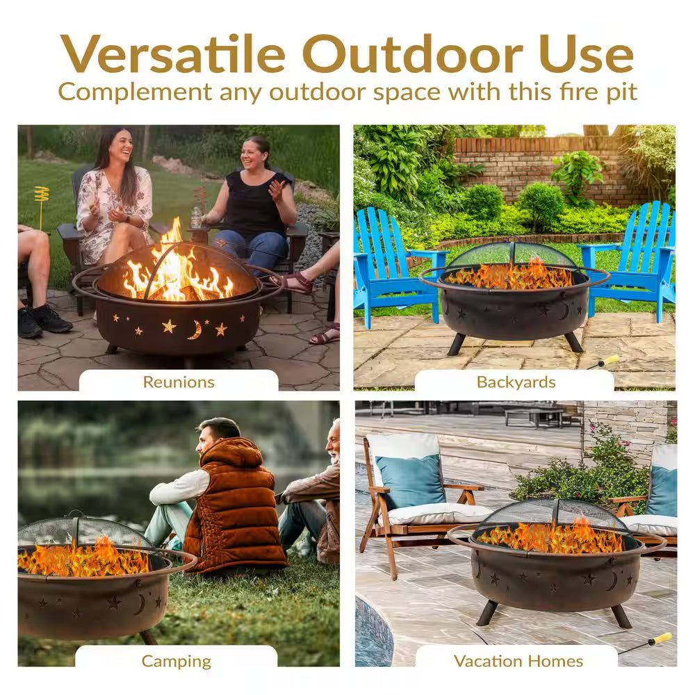 Cosmic 42 In. X 23 In. Large round Steel Wood Burning Fire Pit with Spark Screen