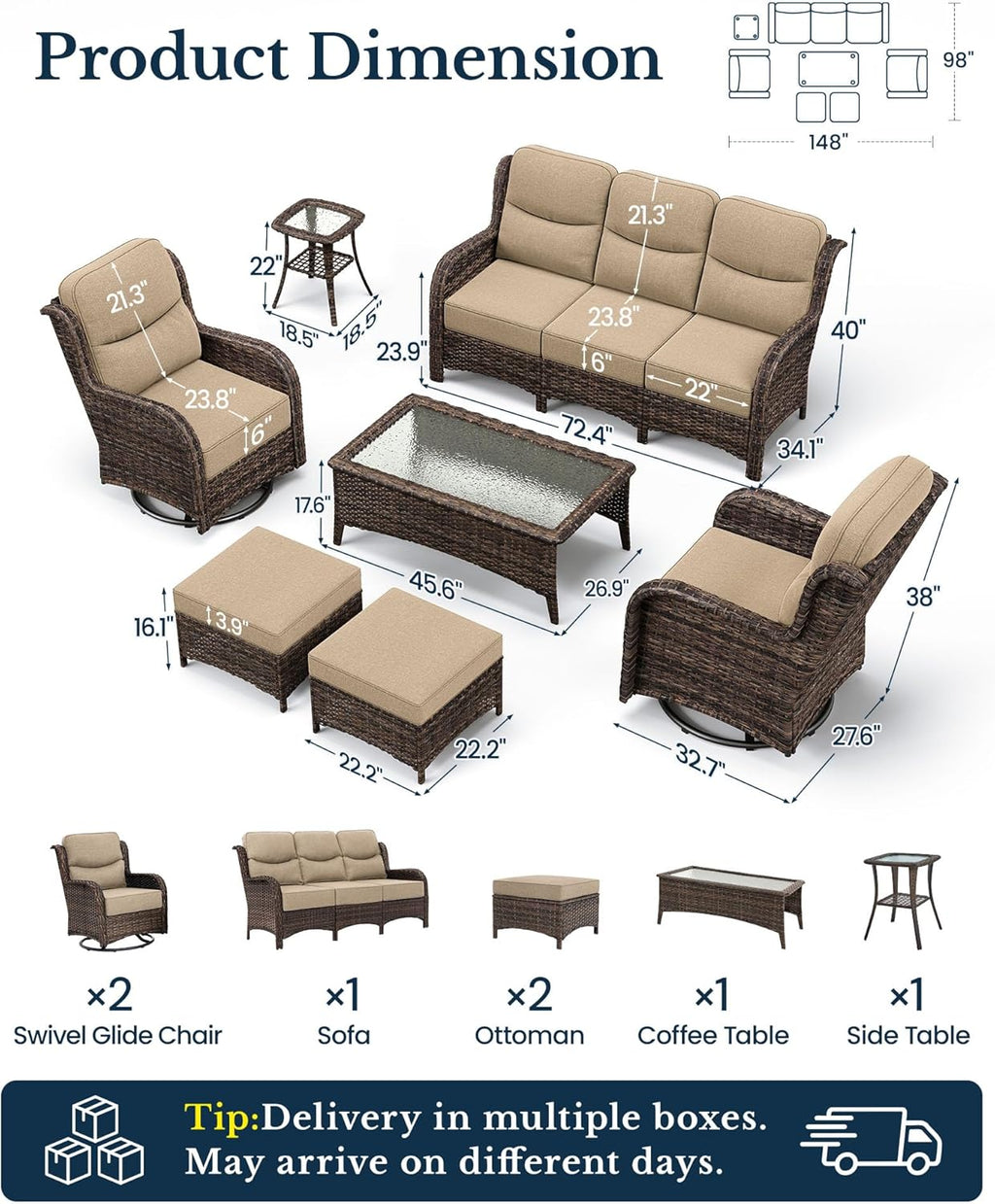 Luxury Outdoor Patio Furniture Set with 6-Inch Thick Cushions, High Back Wicker Swivel Rocker Chairs, 7 Pcs All Weather Conversation Set for Large Deck, Yard and Poolside, Beige (V3)