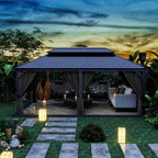 12 Ft. X 20 Ft. Double Roof Hardtop Aluminum Patio Gazebo with Netting and Gray Curtains
