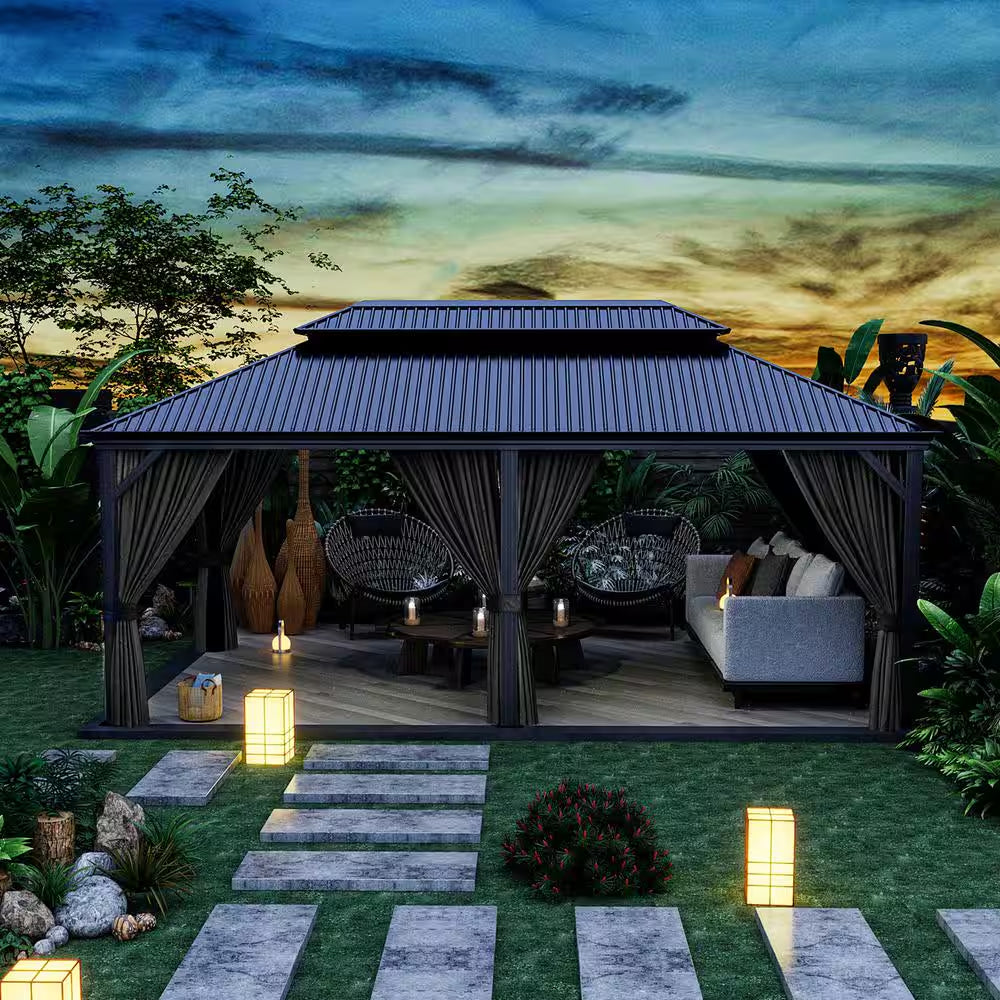 12 Ft. X 20 Ft. Double Roof Hardtop Aluminum Patio Gazebo with Netting and Gray Curtains