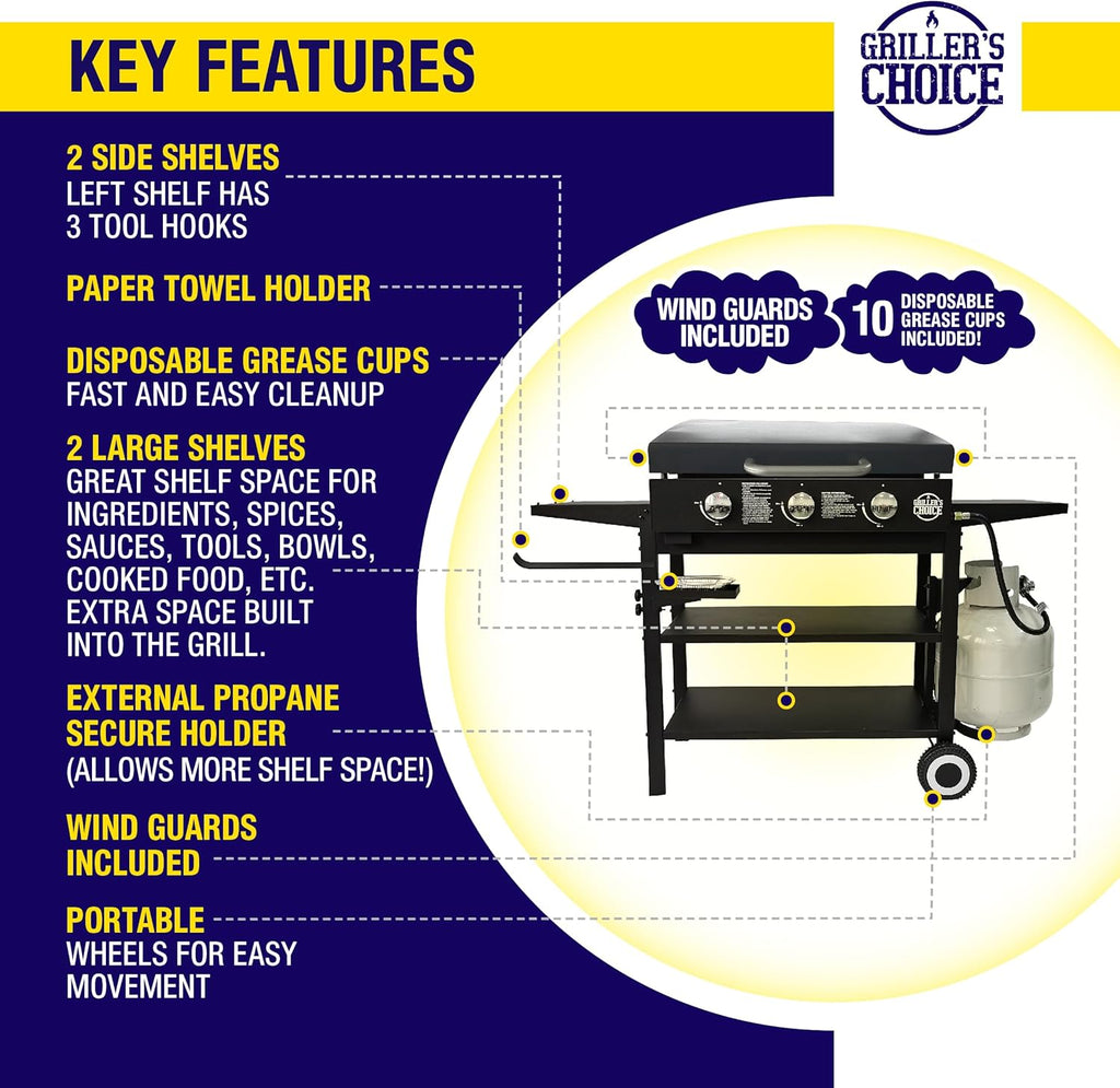 Griller'S Choice Gas Griddle with Hinged Hood & Wind Guards, 4 Shelves, Propane Griddle for Flat Grills Outdoor Cooking, Front Grease Management, Steel Flattop Grills Surface, Precision Heat Control