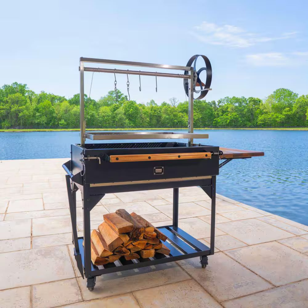 Heritage 4 Ft. X 2 Ft. Open-Fire Stainless Steel Santa Maria Argentine BBQ Grill with Adjustable Grill Grates in Black