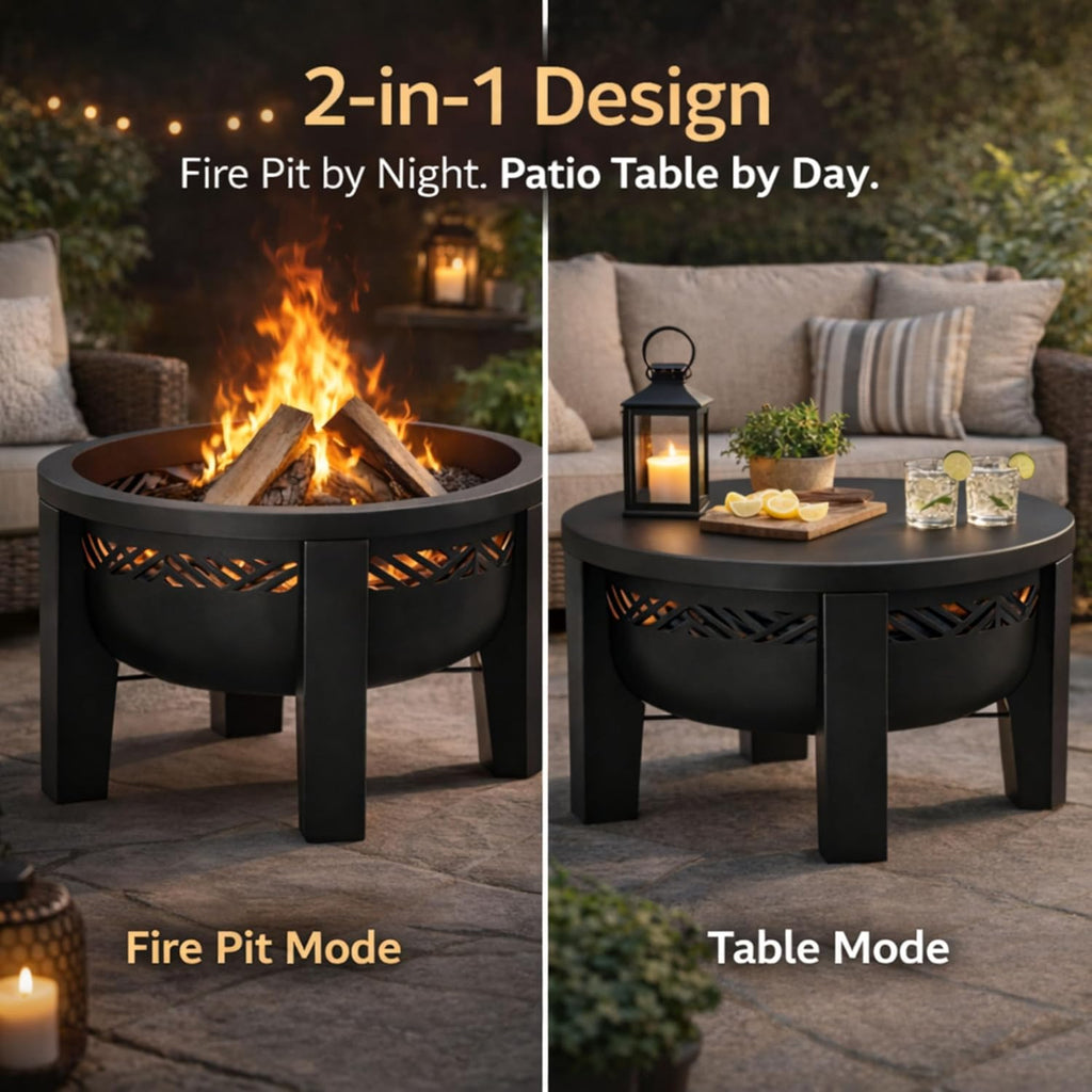 Fire Chief Wood Burning Fire Pit with Tabletop Lid – Modern Outdoor Metal Fire Pit for Patio & Backyard – Premium Heavy Duty Fire Pit Bowl with Multi-Use Side Table (Decorative Bowl)