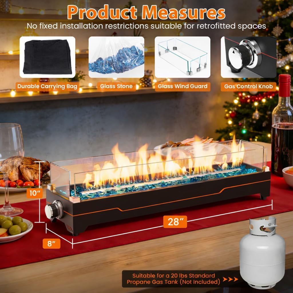 28" Table Top Propane Fire Pit, 45,000 BTU Tabletop Gas Fire Pit, Tabletop Firepit for Patio, Outdoor Portable Fireplace, Rectangular Fire Bowl with Glass Wind Guard, Glass Beads & Cover