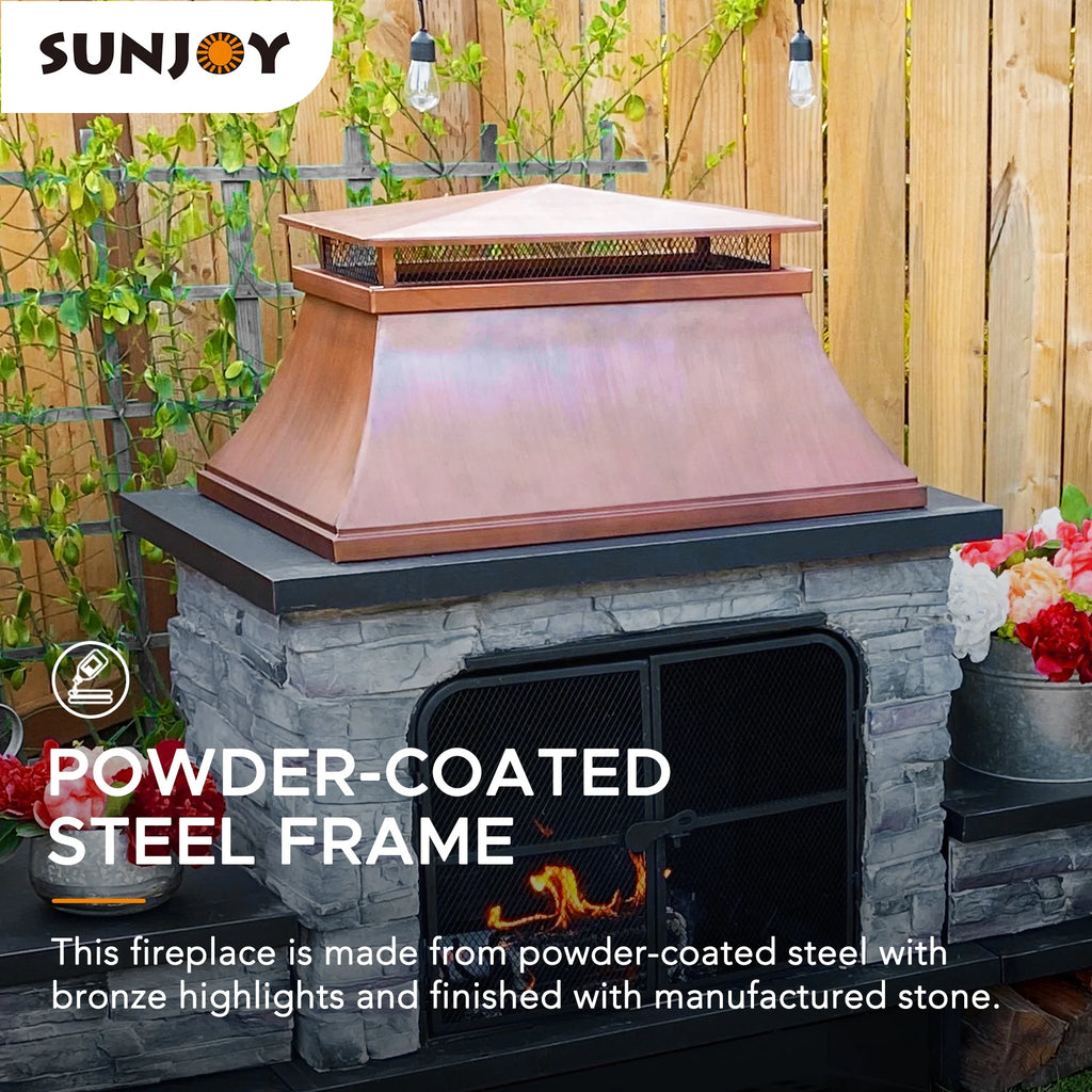 Outdoor 48 Inch Steel Wood Burning Stone Fireplace with Fire Poker and Removable Grate
