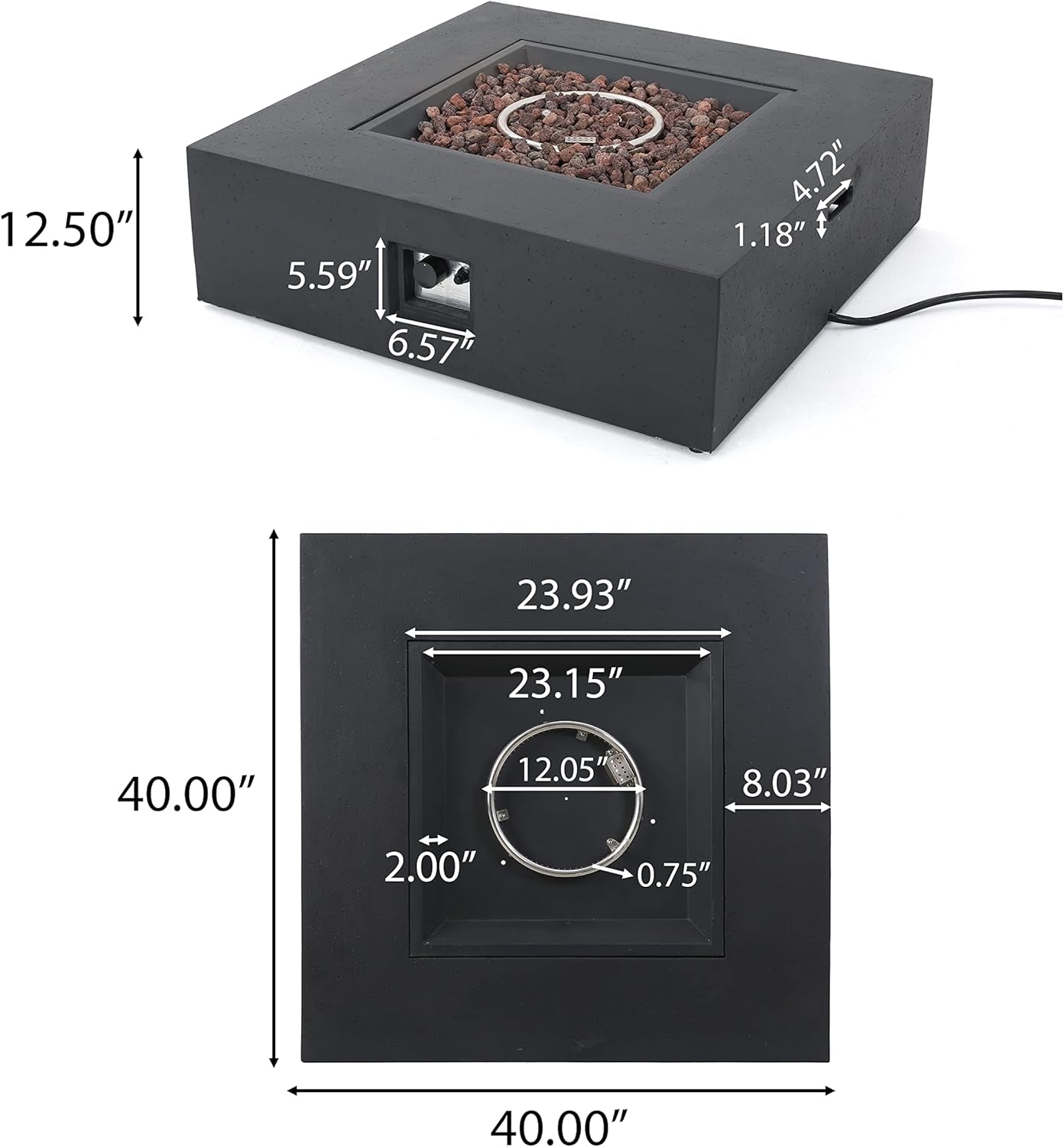 Aidan Outdoor 50,000 BTU Square Fire Pit (No Tank Holder) - Lightweight Concrete - Dark Gray