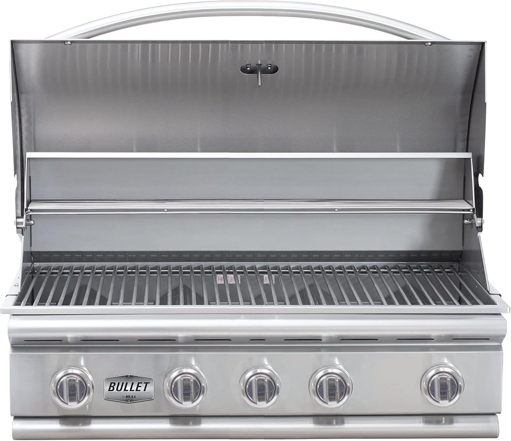 Bullet by Bull Yukon 5 Burner Outdoor Kitchen Grill, Built-In Gas Grill with 75,000 Btus of Heat, 304 Stainless Steel, Cast Iron Heat Treated Reliabull Bar Burners and Piezo Igniters