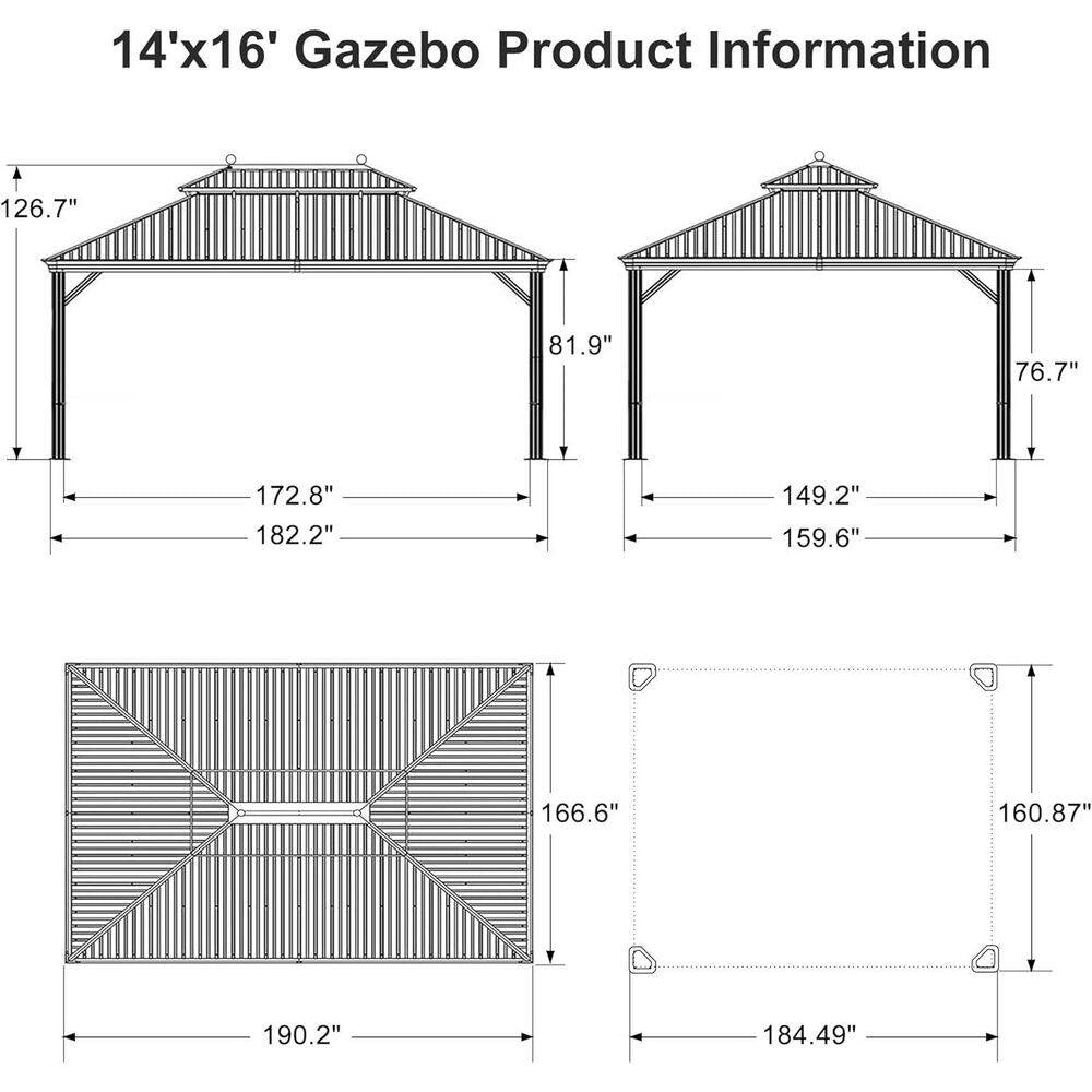 14 Ft. X 16 Ft. Bronze Patio Outdoor Gazebo for Backyard Hardtop Aluminum Frame W/Hooks, Netting,Khaki Curtain,36-Lights