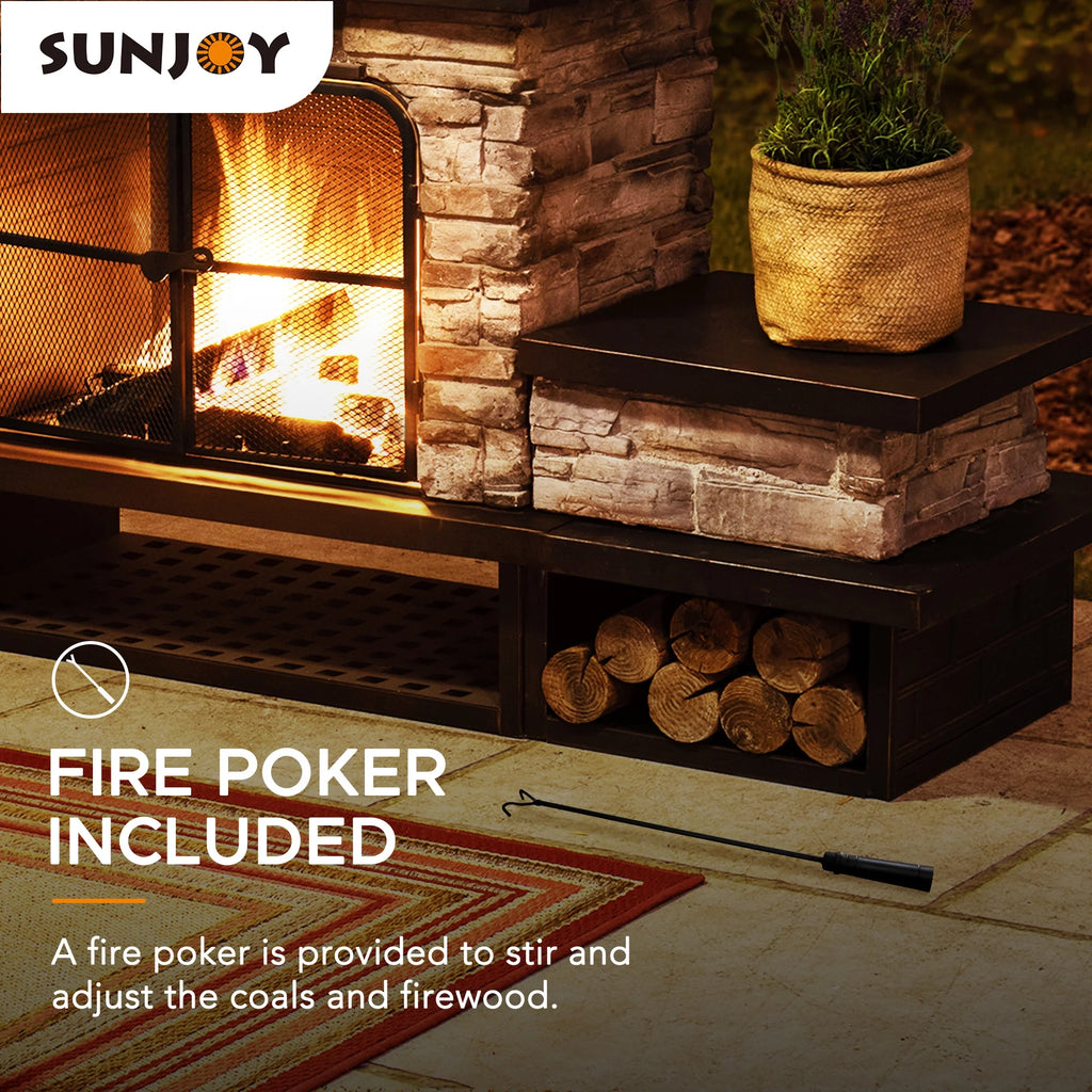 Outdoor 48 Inch Steel Wood Burning Stone Fireplace with Fire Poker and Removable Grate