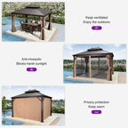 10 Ft.X 13 Ft.Bronze Aluminum Power-Coated Frame Galvanized Steel Double Roof Hardtop Gazebo,Hooks,Netting,Khaki Curtain