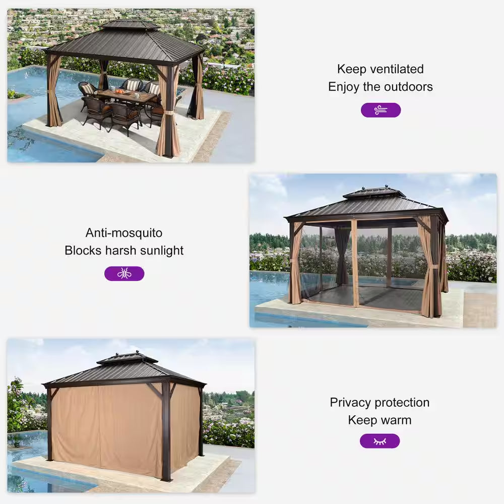 10 Ft.X 13 Ft.Bronze Aluminum Power-Coated Frame Galvanized Steel Double Roof Hardtop Gazebo,Hooks,Netting,Khaki Curtain